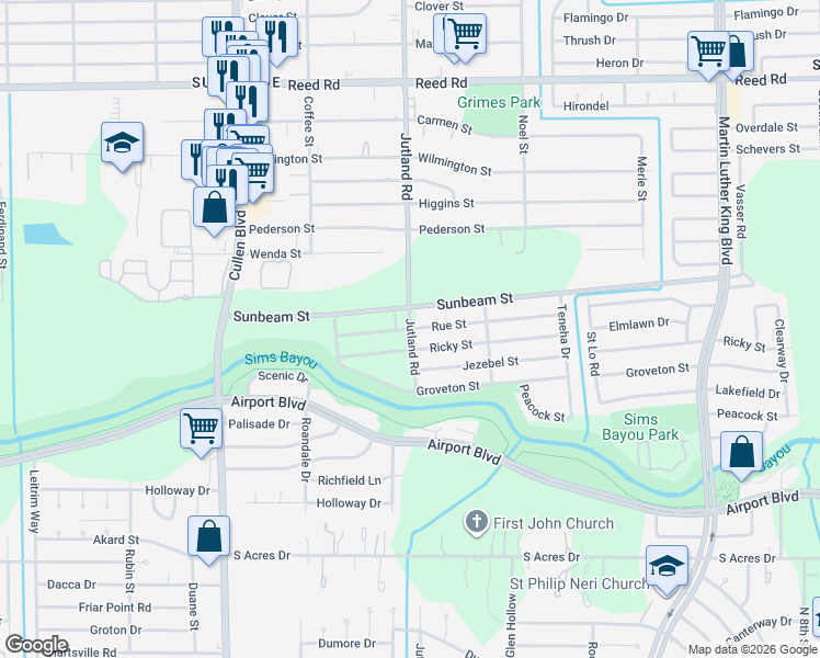 map of restaurants, bars, coffee shops, grocery stores, and more near 5100 Sunbeam Street in Houston