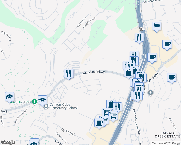 map of restaurants, bars, coffee shops, grocery stores, and more near 20742 Stone Oak Parkway in San Antonio