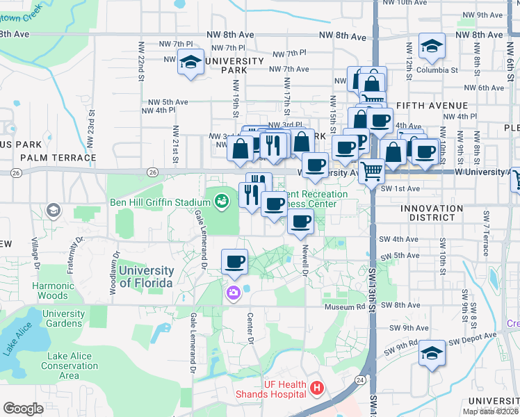 map of restaurants, bars, coffee shops, grocery stores, and more near  in Gainesville