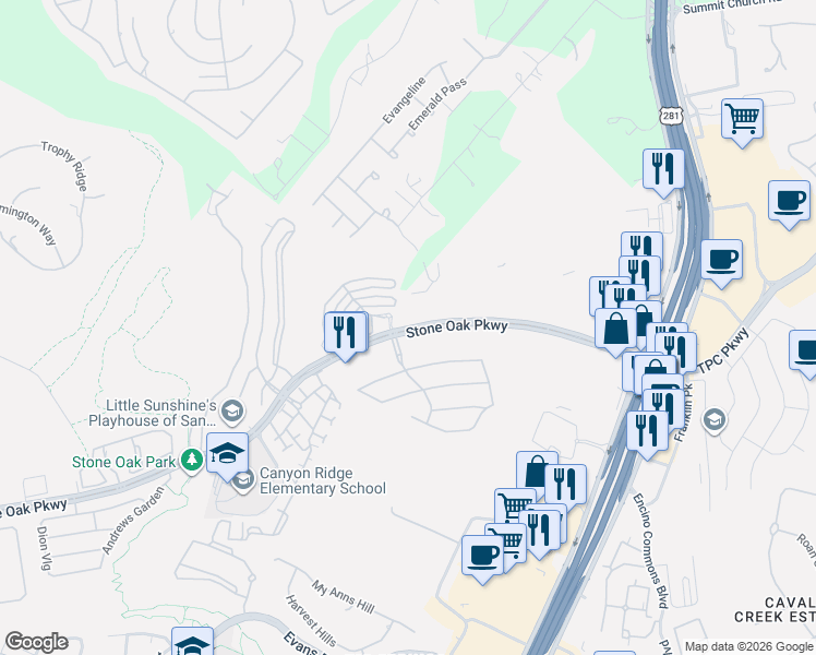 map of restaurants, bars, coffee shops, grocery stores, and more near 20849 Stone Oak Parkway in San Antonio