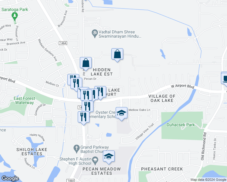 map of restaurants, bars, coffee shops, grocery stores, and more near 16315 Yabbie Drive in Sugar Land