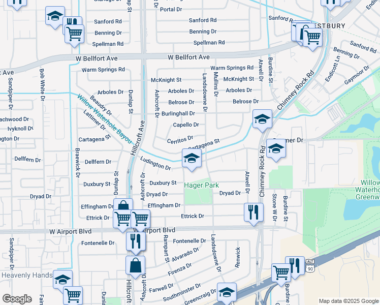 map of restaurants, bars, coffee shops, grocery stores, and more near 5730 Cartagena Street in Houston