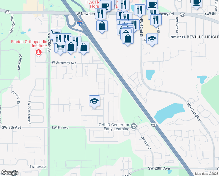 map of restaurants, bars, coffee shops, grocery stores, and more near 521 Kings Court in Gainesville
