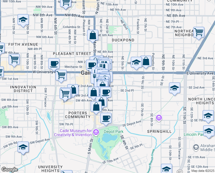 map of restaurants, bars, coffee shops, grocery stores, and more near 220 Southeast 2nd Avenue in Gainesville