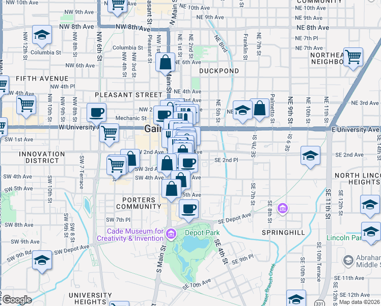 map of restaurants, bars, coffee shops, grocery stores, and more near 201 Southeast 2nd Avenue in Gainesville