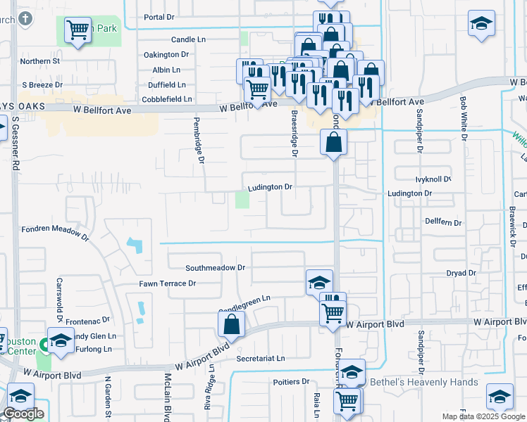 map of restaurants, bars, coffee shops, grocery stores, and more near 11819 Dandelion Lane in Houston