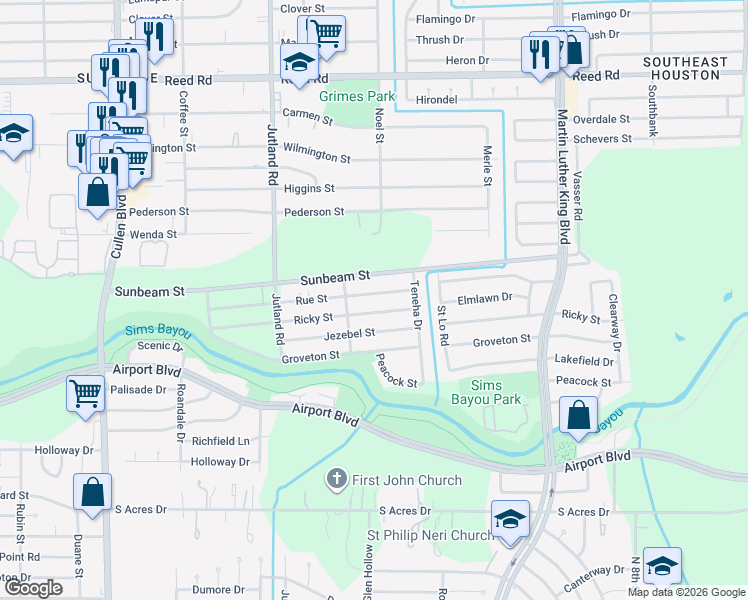 map of restaurants, bars, coffee shops, grocery stores, and more near 5329 Rue Street in Houston
