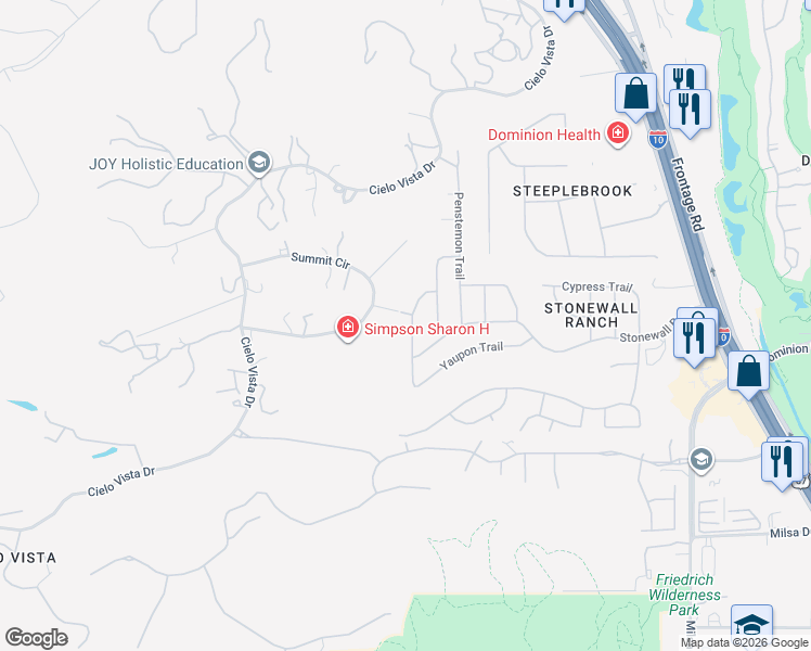map of restaurants, bars, coffee shops, grocery stores, and more near 330 Waxberry Trail in San Antonio