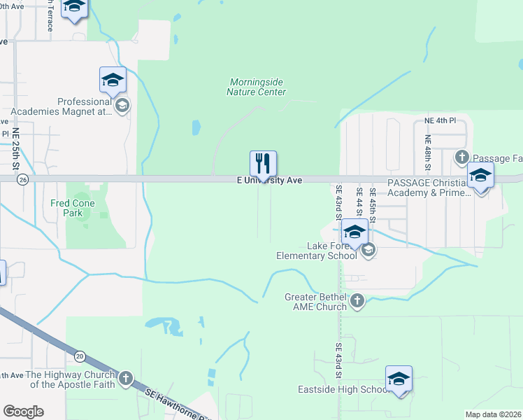 map of restaurants, bars, coffee shops, grocery stores, and more near 124 Southeast 39th Street in Gainesville