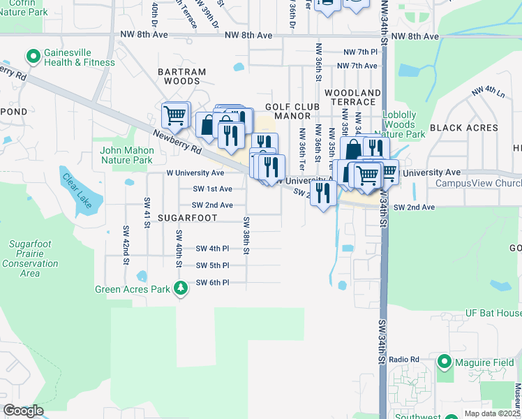map of restaurants, bars, coffee shops, grocery stores, and more near 3736 Southwest 2nd Place in Gainesville