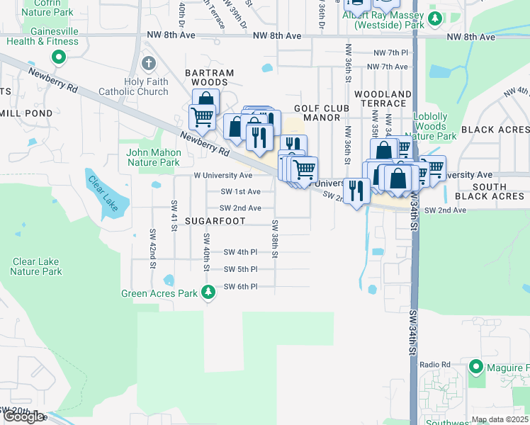 map of restaurants, bars, coffee shops, grocery stores, and more near 3817 SW 2nd Ave in Gainesville