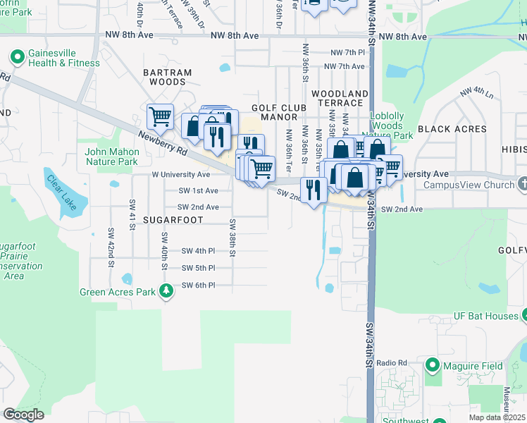 map of restaurants, bars, coffee shops, grocery stores, and more near 206 Southwest 37th Street in Gainesville
