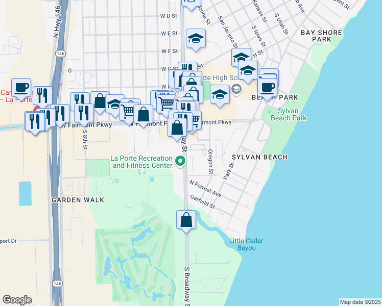 map of restaurants, bars, coffee shops, grocery stores, and more near 1201 South Broadway Street in La Porte