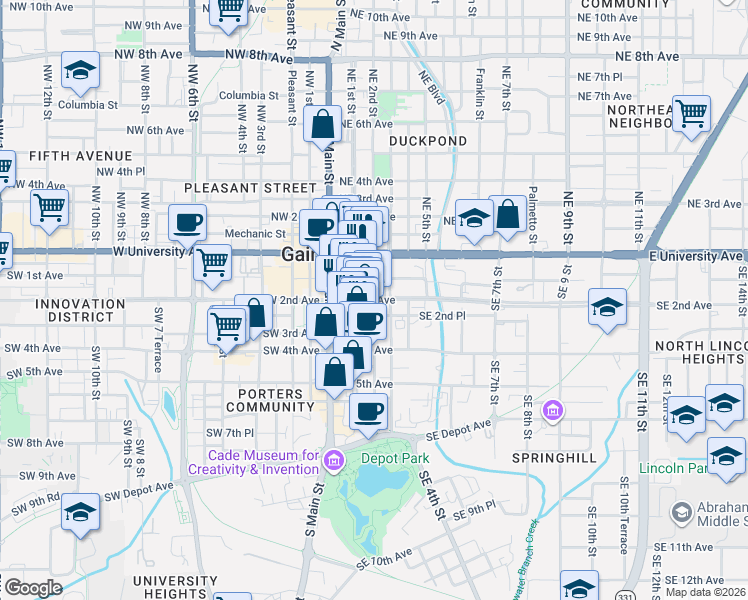map of restaurants, bars, coffee shops, grocery stores, and more near 104 Southeast 2nd Street in Gainesville