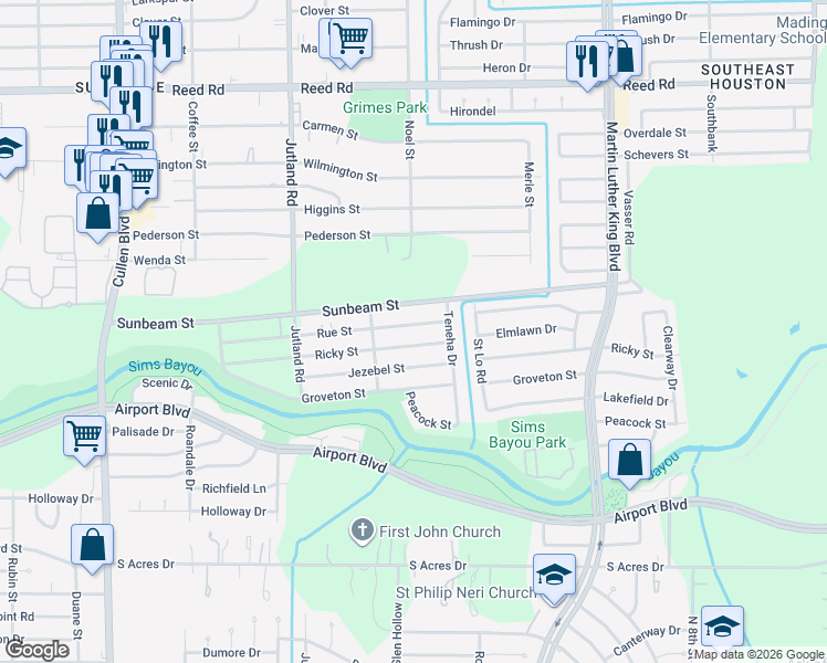 map of restaurants, bars, coffee shops, grocery stores, and more near 5329 Rue Street in Houston