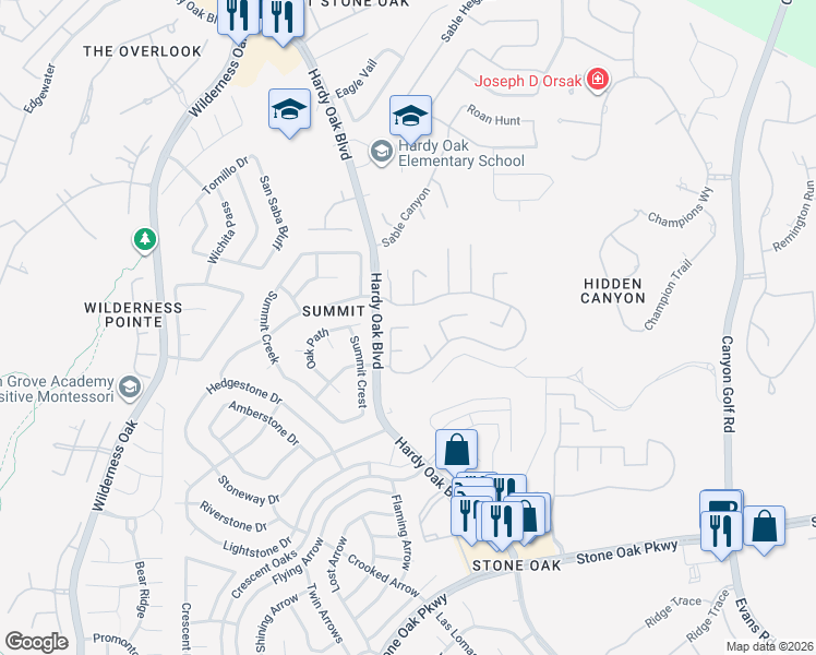 map of restaurants, bars, coffee shops, grocery stores, and more near 22319 Mesa Butte in San Antonio