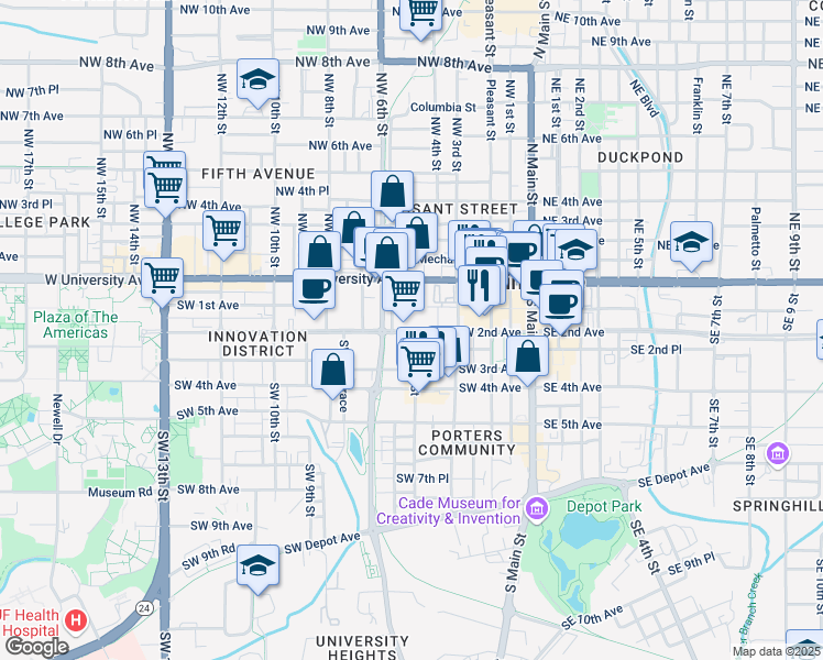 map of restaurants, bars, coffee shops, grocery stores, and more near 400 Southwest 2nd Avenue in Gainesville