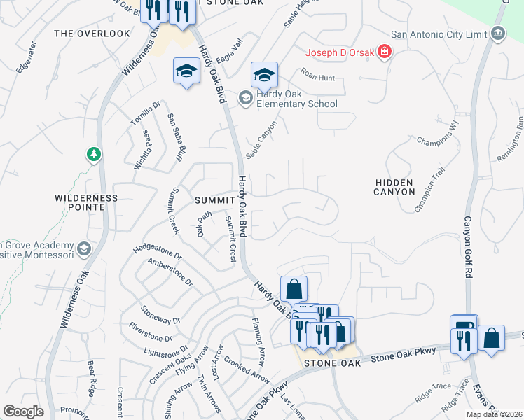 map of restaurants, bars, coffee shops, grocery stores, and more near 22319 Mesa Butte in San Antonio