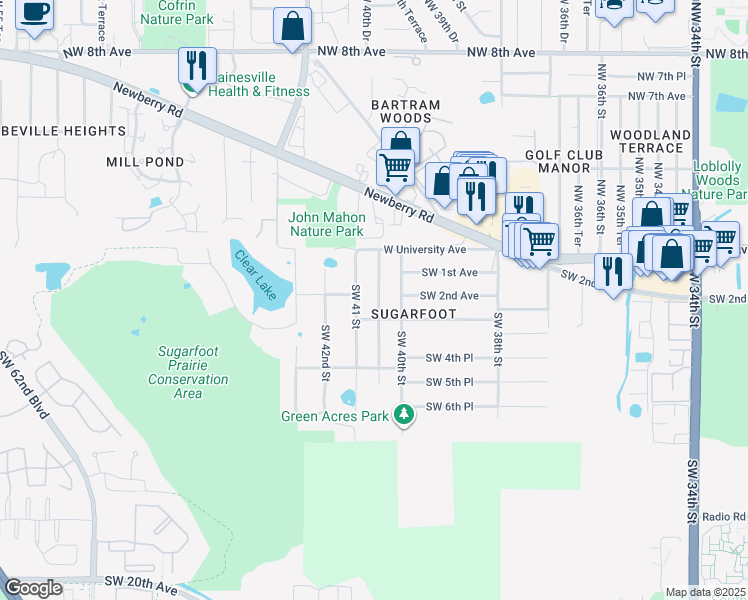 map of restaurants, bars, coffee shops, grocery stores, and more near 204 Southwest 40th Terrace in Gainesville