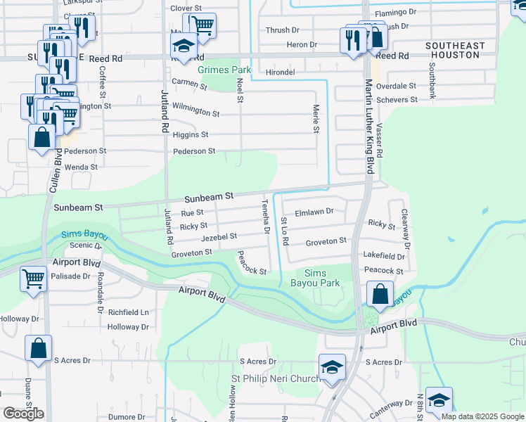 map of restaurants, bars, coffee shops, grocery stores, and more near 10124 Teneha Drive in Houston