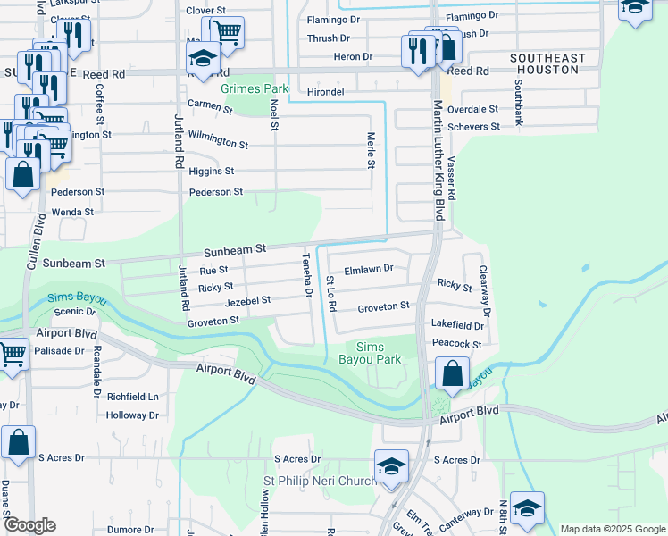 map of restaurants, bars, coffee shops, grocery stores, and more near 5503 Elmlawn Drive in Houston