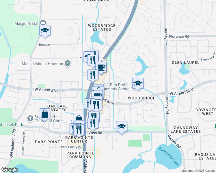 map of restaurants, bars, coffee shops, grocery stores, and more near 15000 West Airport Boulevard in Sugar Land