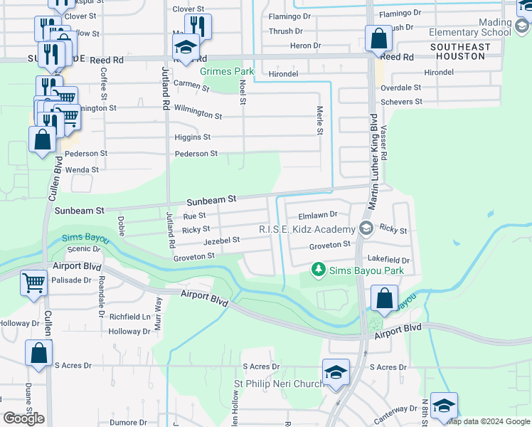 map of restaurants, bars, coffee shops, grocery stores, and more near 10124 Teneha Drive in Houston