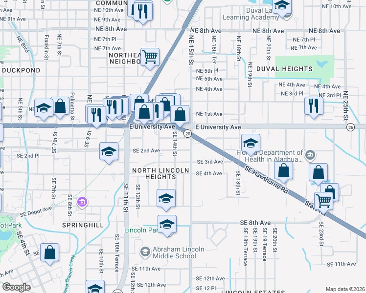 map of restaurants, bars, coffee shops, grocery stores, and more near 1418 Southeast 2nd Avenue in Gainesville