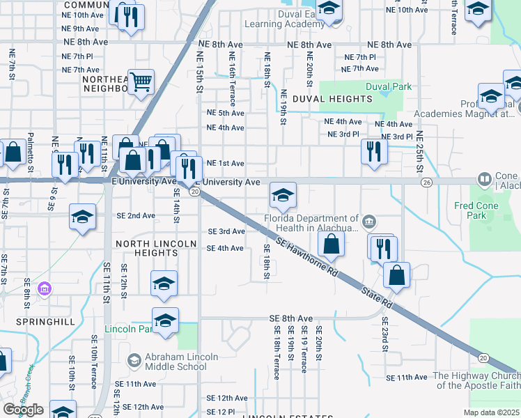 map of restaurants, bars, coffee shops, grocery stores, and more near 1724 Southeast 2nd Avenue in Gainesville