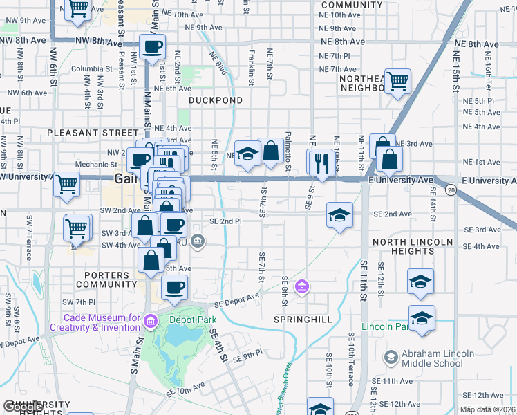 map of restaurants, bars, coffee shops, grocery stores, and more near 627 Southeast 1st Avenue in Gainesville