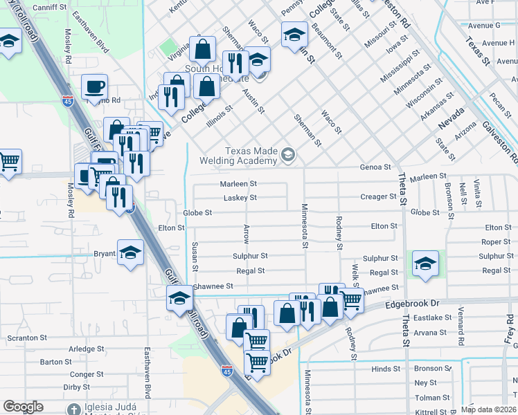 map of restaurants, bars, coffee shops, grocery stores, and more near 1230 Laskey Street in Houston