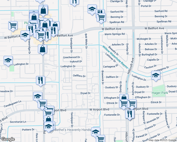 map of restaurants, bars, coffee shops, grocery stores, and more near 11822 Bob White Drive in Houston