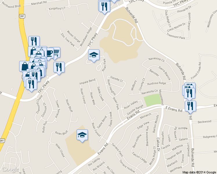 map of restaurants, bars, coffee shops, grocery stores, and more near 43 Roan Heights in San Antonio