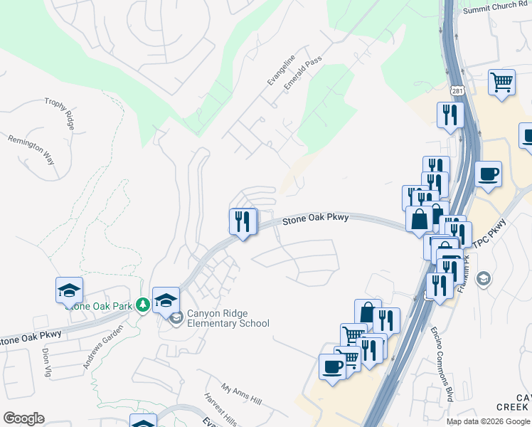 map of restaurants, bars, coffee shops, grocery stores, and more near 20659 Stone Oak Parkway in San Antonio