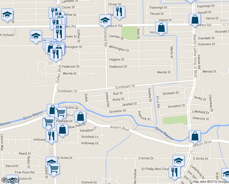 map of restaurants, bars, coffee shops, grocery stores, and more near 5121 Rue St in Houston