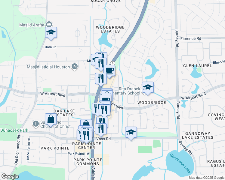map of restaurants, bars, coffee shops, grocery stores, and more near 15000 West Airport Boulevard in Sugar Land