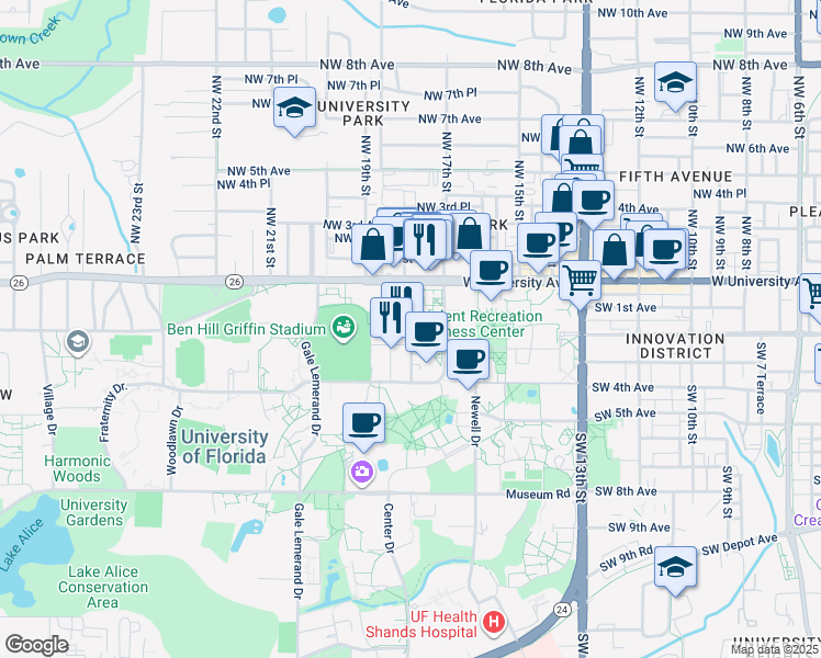map of restaurants, bars, coffee shops, grocery stores, and more near Fletcher Drive in Gainesville