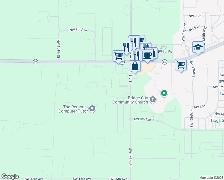 map of restaurants, bars, coffee shops, grocery stores, and more near 358 Southwest 145th Drive in Newberry