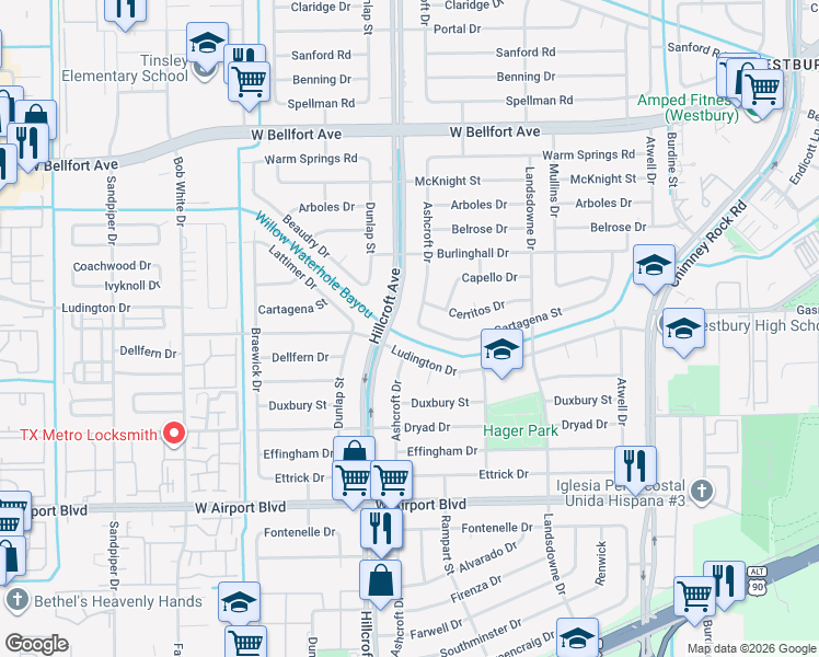 map of restaurants, bars, coffee shops, grocery stores, and more near 5839 Cartagena Street in Houston