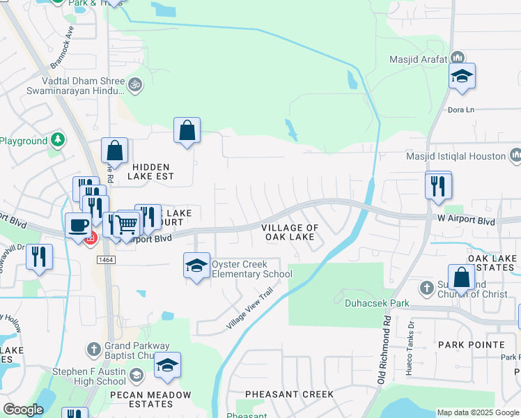 map of restaurants, bars, coffee shops, grocery stores, and more near 16339 Flint Run Way in Sugar Land
