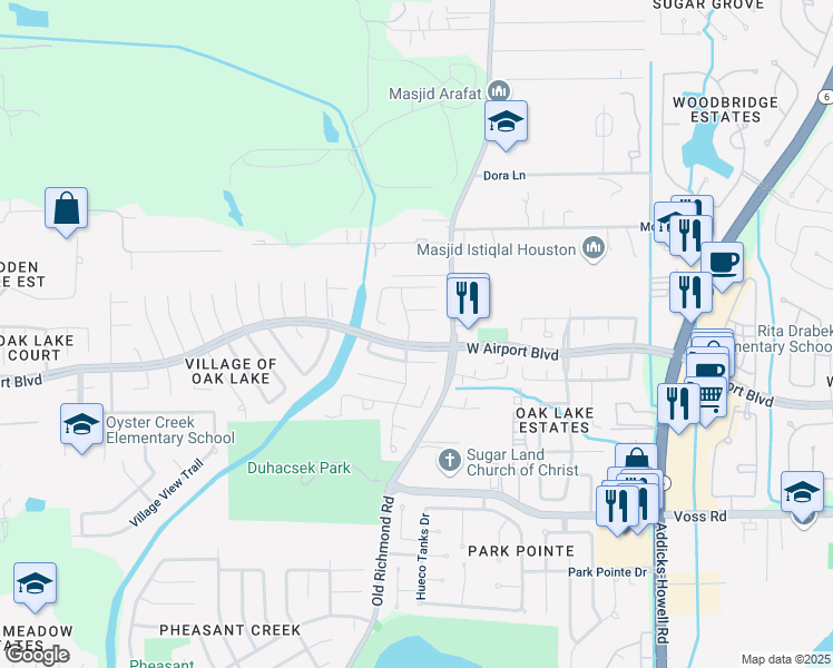 map of restaurants, bars, coffee shops, grocery stores, and more near 16627 Cobbler Crossing Drive in Sugar Land