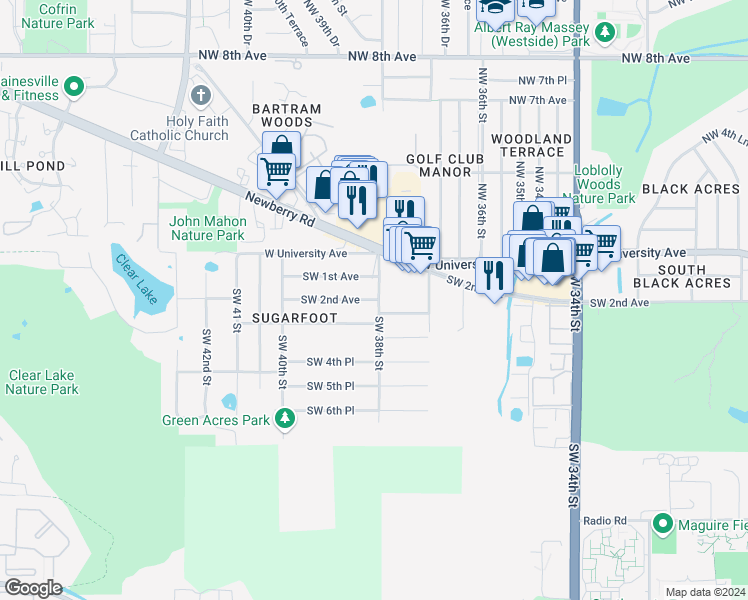 map of restaurants, bars, coffee shops, grocery stores, and more near 2101 Southwest 2nd Avenue in Gainesville