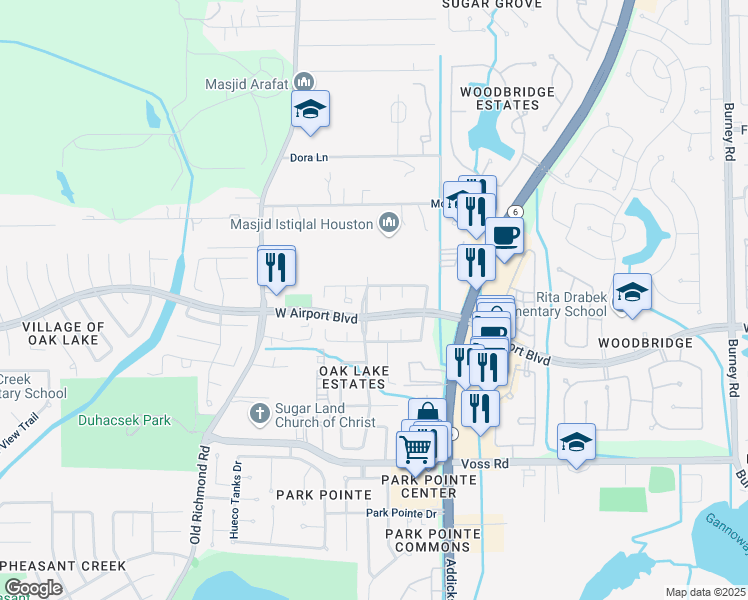map of restaurants, bars, coffee shops, grocery stores, and more near 11410 Oak Lake Ridge Court in Sugar Land