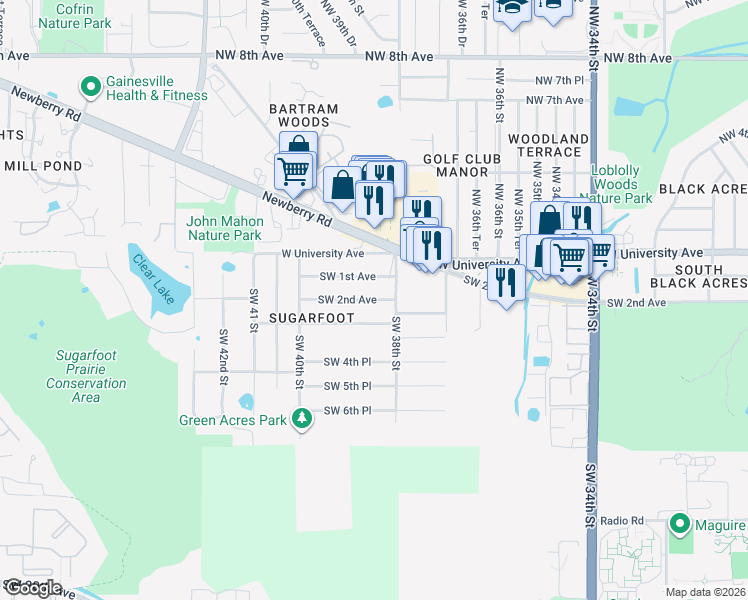 map of restaurants, bars, coffee shops, grocery stores, and more near 3829 Southwest 2nd Avenue in Gainesville