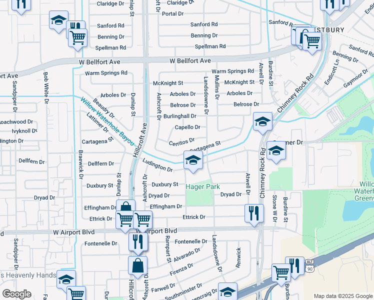map of restaurants, bars, coffee shops, grocery stores, and more near 5730 Cartagena Street in Houston