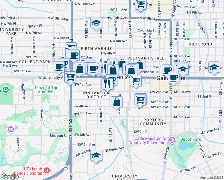 map of restaurants, bars, coffee shops, grocery stores, and more near 800 Southwest 2nd Avenue in Gainesville