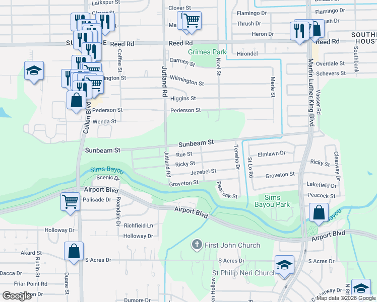 map of restaurants, bars, coffee shops, grocery stores, and more near 5121 Rue Street in Houston