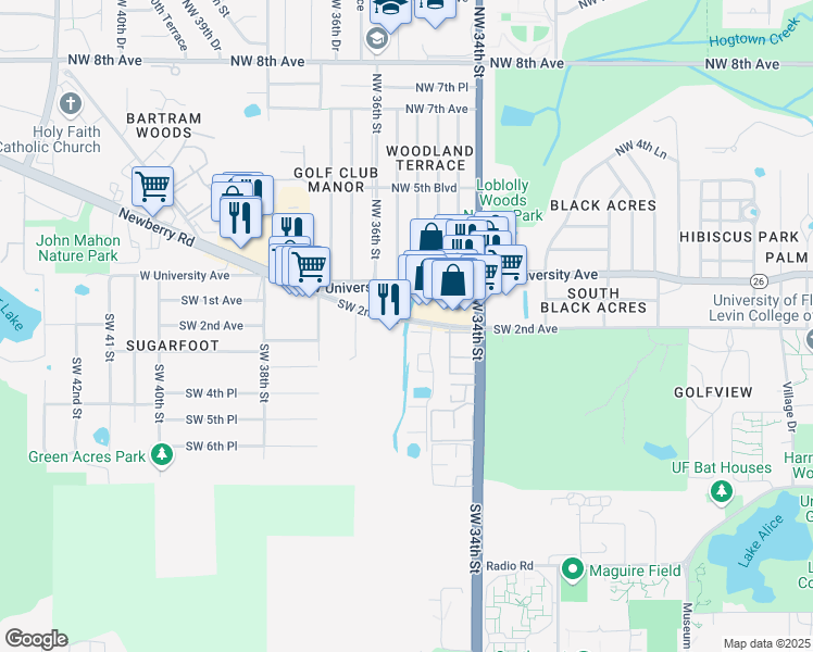 map of restaurants, bars, coffee shops, grocery stores, and more near 3 Southwest 2nd Avenue in Gainesville