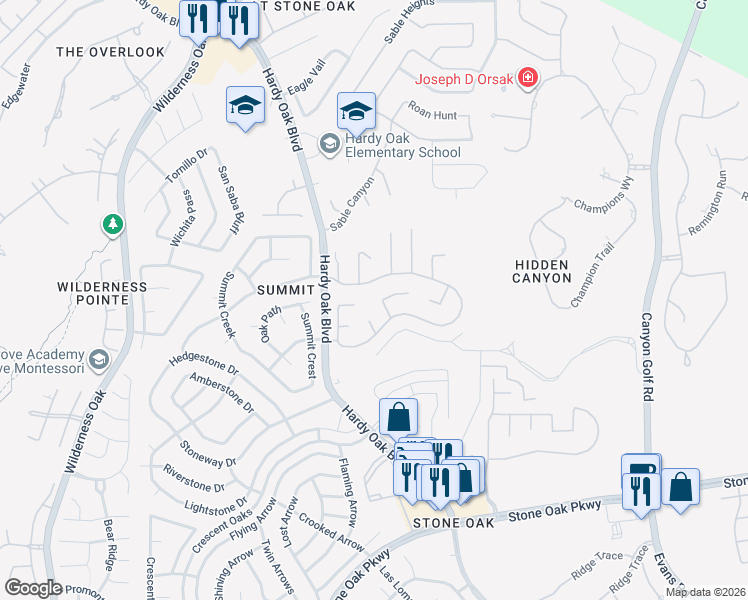 map of restaurants, bars, coffee shops, grocery stores, and more near 22319 Mesa Butte in San Antonio