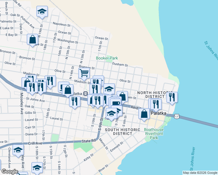 map of restaurants, bars, coffee shops, grocery stores, and more near 318 North 9th Street in Palatka